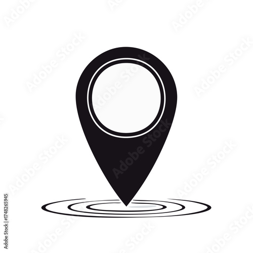 Black location pin marker icon with ripple effect. Vector symbol for maps, navigation, and destination.