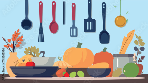 Flat 2D Illustration of a Cozy Kitchen Interior with Fresh Vegetables, Cooking Utensils, and Autumn Harvest Ingredients on a Blue Background — Healthy Vegan Lifestyle and Home Cooking Concept