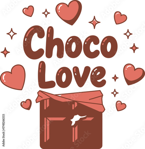 Sweet Vector Graphic 'Choco Love' with Chocolate Bar and Hearts: Dessert, Romance, and Confectionery Foodie Illustration