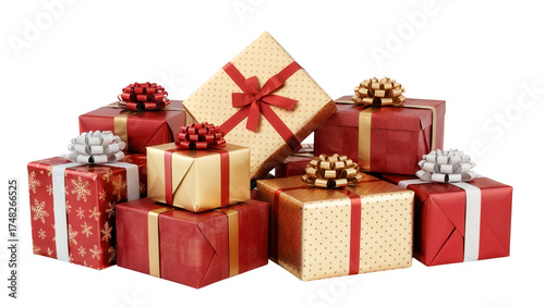 A generous pile of beautifully wrapped christmas presents in red and gold with festive ribbons isolated on transparent background