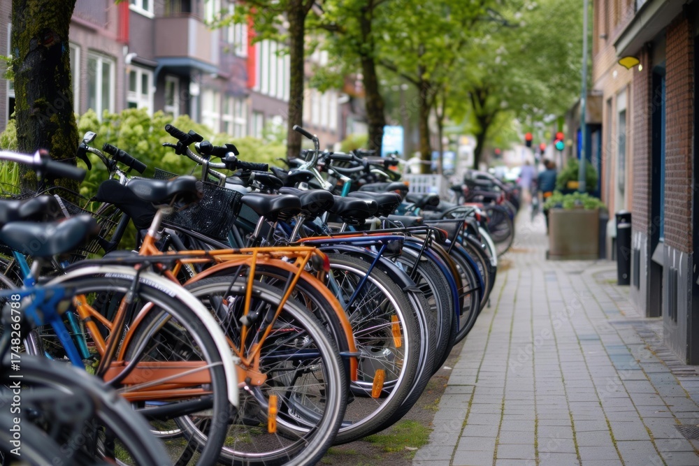 Obraz premium Numerous bicycles parked along a tree lined sidewalk in a residential neighborhood create a sustainable transportation scene
