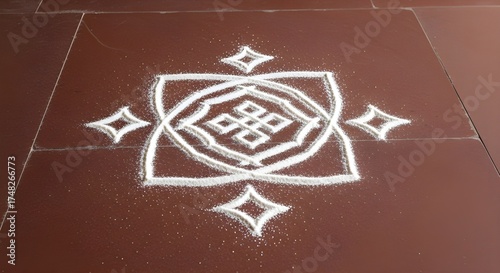 Traditional Kolam Design on Floor,
White Endless Knot Symbol, Spiritual Art,
Indian Culture, Festival, Ritual Drawing.