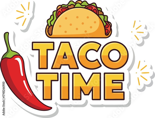 Mexican Food Vector Graphic 'TACO TIME' with a Taco Icon: Mealtime, Cuisine, and Delicious Food Illustration