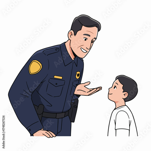 Friendly police officer engages in a positive conversation with a young boy, illustrating community policing and trust.