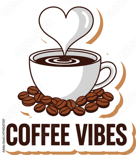 Minimalist Vector Graphic of a Steaming Coffee Cup with 'COFFEE VIBES' Text: Cozy Drink, Cafe Culture, and Relaxing Aesthetic Design
