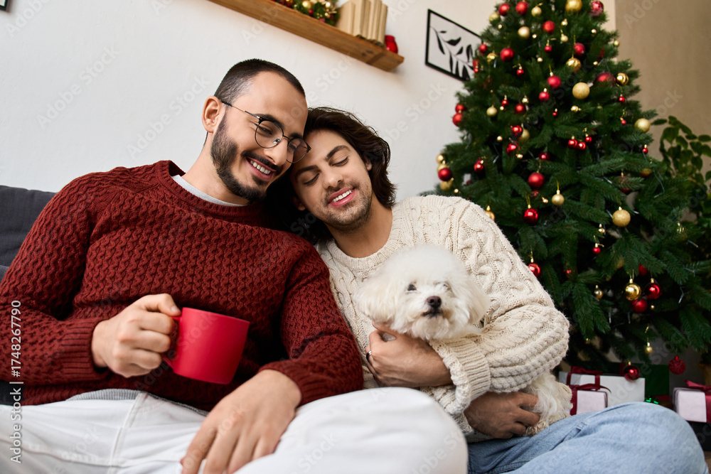 Obraz premium Festive love and warmth shared by a couple at home during the holiday season