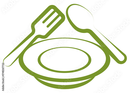 Plate with fork and spoon icon vector representing calorie count, food energy, and nutrition tracking.