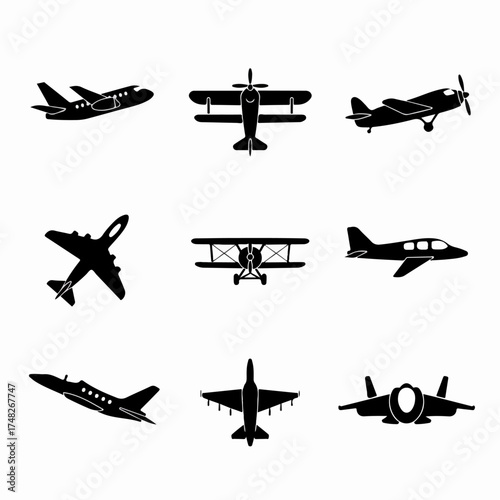 Set of diverse black airplane silhouettes: commercial jets, prop planes, biplanes, private aircraft, and fighter jets on a clean white background.