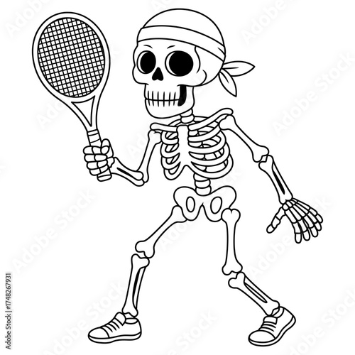 Humorous Halloween Theme Skeleton Playing Tennis with Racket Wearing Headband and Shoes Illustration Black and White