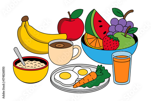 Colorful Cartoon Breakfast Still Life Featuring Fruit Eggs and Cereal for a Healthy Start to the Day