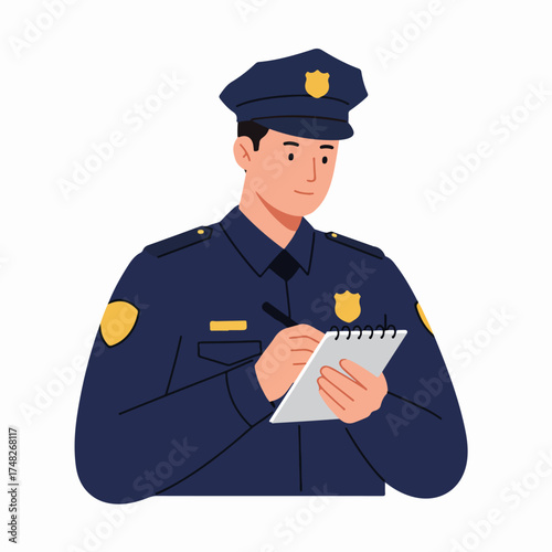Flat vector illustration of a smiling male police officer in uniform writing on a notepad with a pen, depicting law enforcement duties.