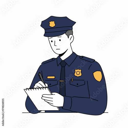 Police officer in uniform writing on a notepad, illustrating law enforcement duties, official procedures, and incident reporting.