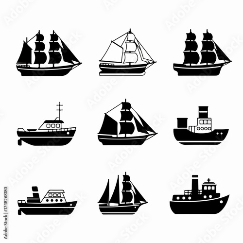 A collection of diverse black silhouette boat and ship icons on a white background, featuring various maritime vessels from sailing ships to motorboats.