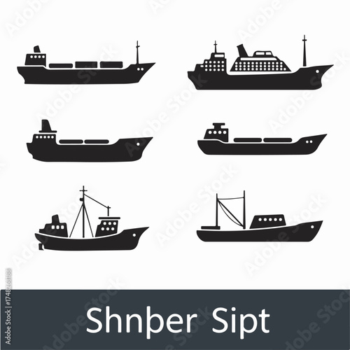 Diverse ship silhouettes icon set: cargo, cruise, tanker, freighter, and fishing boats for maritime industry and travel.