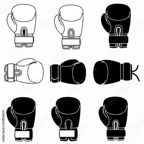 Collection of boxing gloves in black silhouette and outline styles, representing combat sports, fitness, and training equipment.