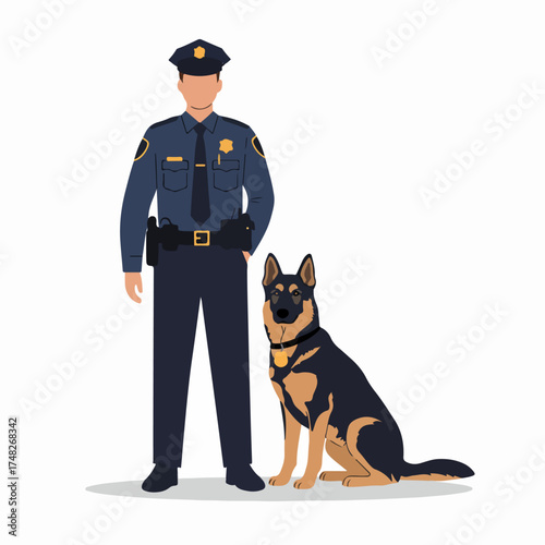 Police officer and his K9 German Shepherd partner illustration, representing law enforcement, security, and animal companionship.