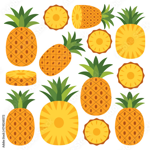 Vibrant Pineapple Vector Art with Tropical Fruit Slices and Whole Pineapples for Summer Designs and Healthy Lifestyle Illustrations