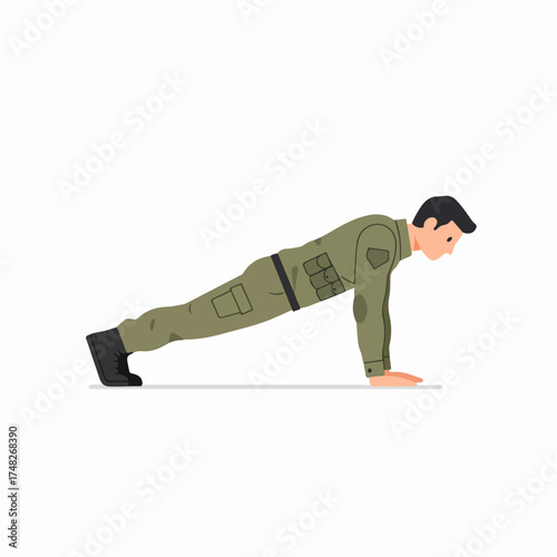 Soldier in green uniform performing a push-up or plank exercise, illustrating military fitness training and discipline.