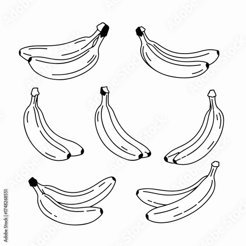 Hand-drawn banana outline set, black and white fruit doodles, healthy food sketch illustration, isolated vector collection on white background.