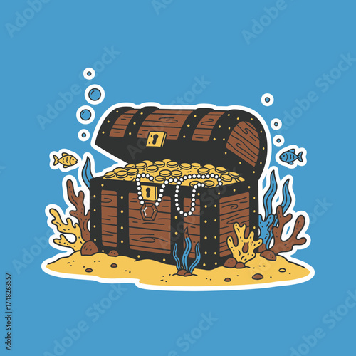 An open wooden treasure chest overflowing with gold coins and jewels underwater.