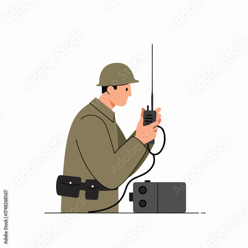 Soldier in uniform operating military radio communication equipment, holding a walkie-talkie, for defense, security, and tactical operations