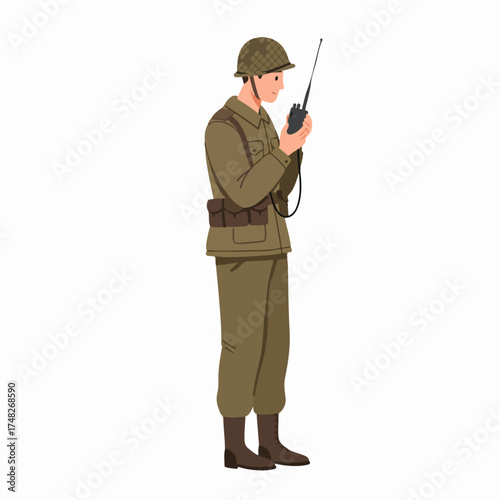 Illustration of a soldier in military uniform with a helmet, using a walkie-talkie for communication.