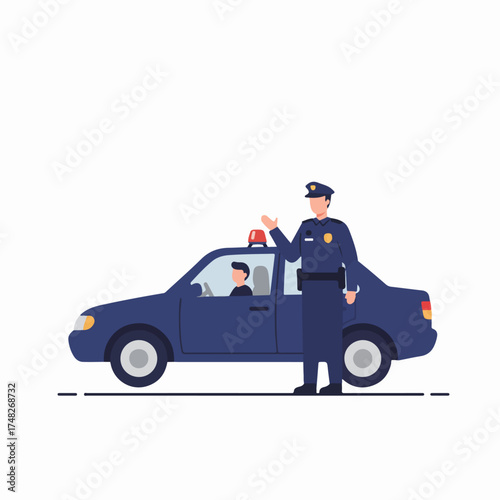 Police officer standing next to a patrol car, interacting with a driver inside. Flat vector illustration of law enforcement at work.