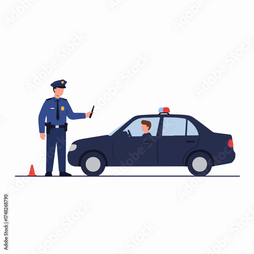 Police officer conducts a traffic stop, holding a radar gun next to a stopped car with a driver inside, representing law enforcement and road safety.