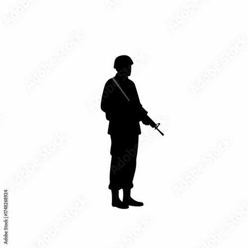 Full body black silhouette of a soldier in military uniform with a rifle, standing against a white background.