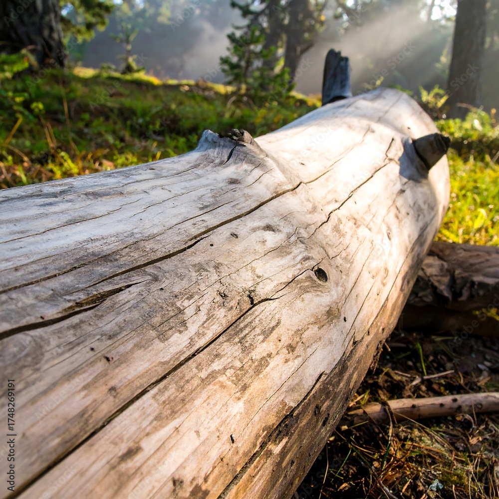 Fototapeta premium Fallen log in forest, sunlit