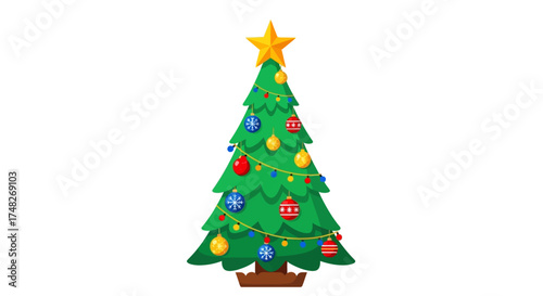 Festive Christmas Tree Illustration Bright Decorations, Seasonal Joy, Holiday Season Concept