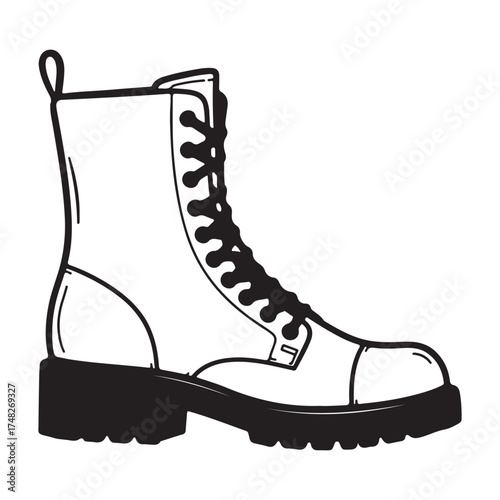 Stylish Black and White Illustration of a Classic Combat Boot Fashion and Footwear Design for Modern Apparel