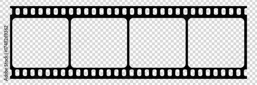 Old grunge movie film long strip, vintage filmstrip roll frame, vector photo background. Video or movie filmstrip overlay, cinema or photograph camera long film strip with transparent screen