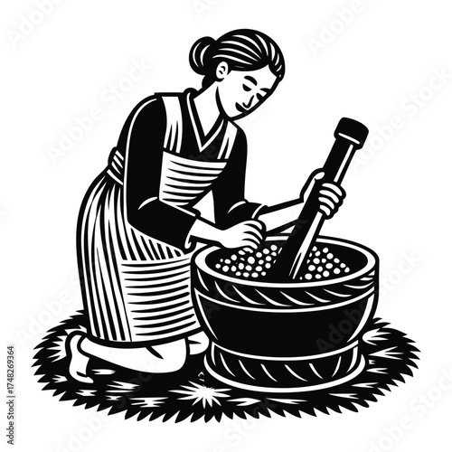 Woman Grinding with Mortar and Pestle Silhouette Vector Illustration on White Background