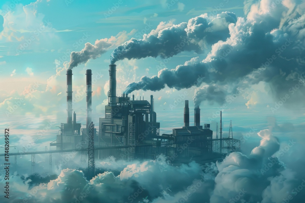 Fototapeta premium Smoke billowing from industrial chimneys above a blanket of clouds, symbolizing air pollution and environmental damage