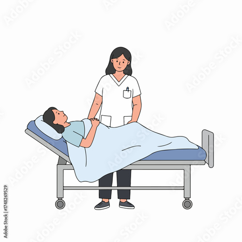 Nurse attending to a patient lying in a hospital bed, providing professional medical care and support in a healthcare setting.
