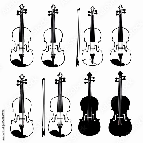 Collection of Violin and Bow Illustrations: Black and White Outlines and Silhouettes of String Musical Instruments for Design and Art Projects