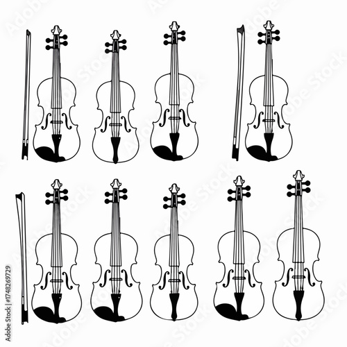 Line art pattern of violins and bows, a black and white musical instrument graphic on a white background, representing classical music.