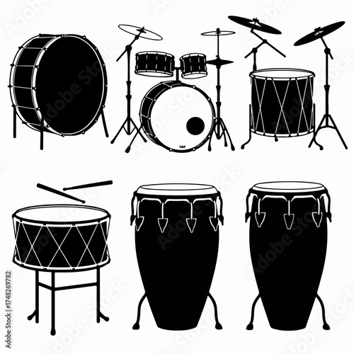 Collection of diverse drum and percussion instruments in black silhouette, including a full drum set, marching drum, and conga drums, for music and rhythm concepts.