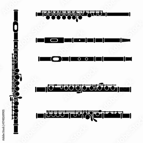 Black silhouette illustrations of various flute musical instrument sections and full profiles, showcasing different perspectives and components against a clean white background.