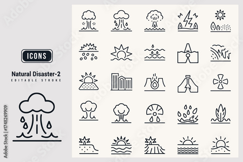Set of Natural Disaster Icons Showing Catastrophic Environmental Events White Background.