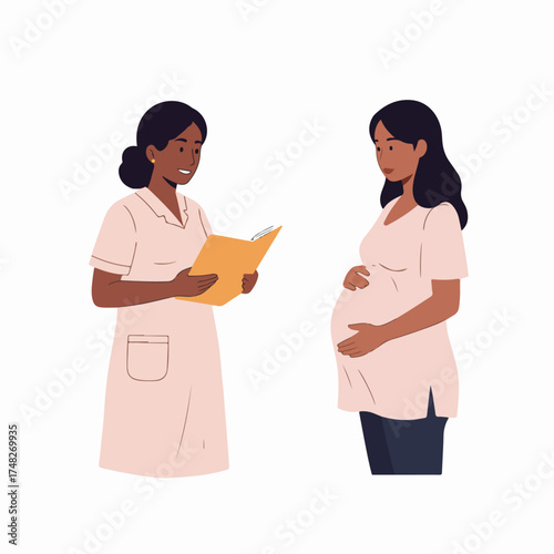 Healthcare professional explaining medical information to a pregnant woman during a prenatal consultation.