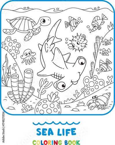Sea theme. Hammerhead fish or shark coloring book