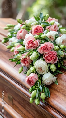 A beautiful floral arrangement featuring soft pink and white roses placed on a wooden casket, symbolizing love and remembrance in a serene environment.
