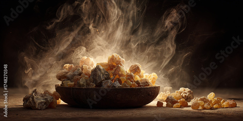 Fototapeta Naklejka Na Ścianę i Meble -  Bowl full of frankincense resin stones with aromatic smoke rising on rustic background, mystical spiritual design - AI generated
