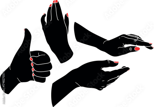 Set of black silhouette of woman’s hands with a red nails isolated on white background