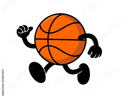 Anthropomorphic basketball character running with arms and legs in dynamic pose