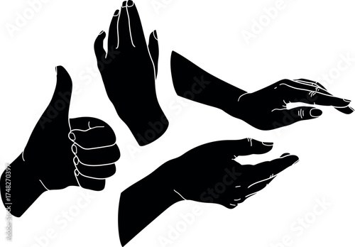 Set of black silhouette of female hands isolated on white background	