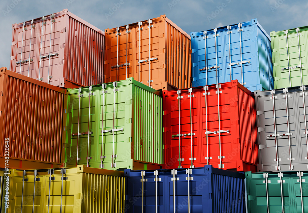 Fototapeta premium Stack of yellow green orange shipping containers box