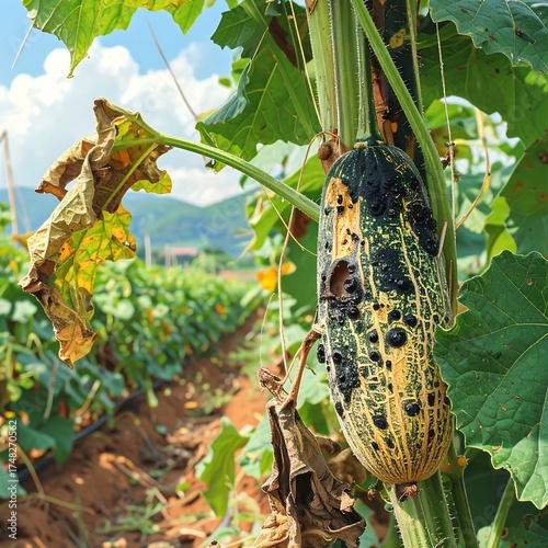 Damaged cucumber on vine in a field